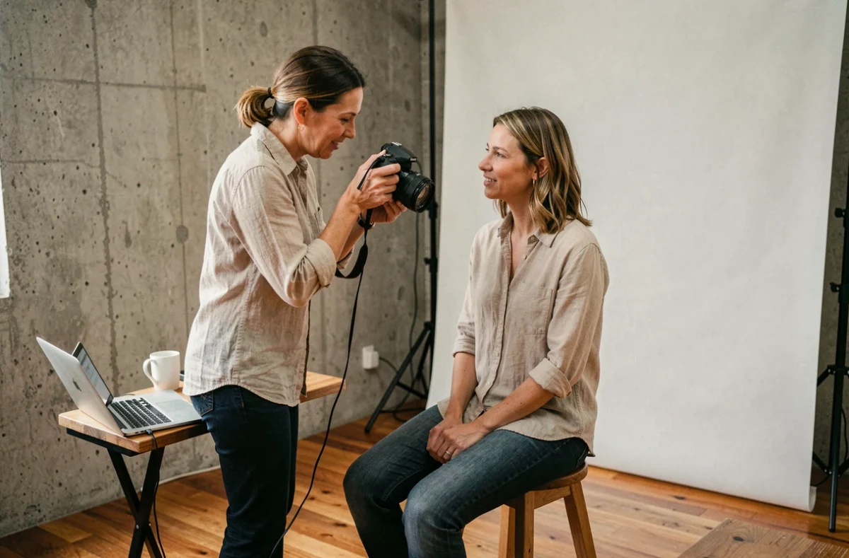 Photographe professionnelle guidant une cliente lors d'une séance d'autoportrait en studio avec fond blanc et sol en bois