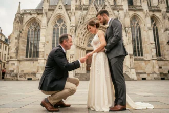 Photographe de mariage professionnel en action devant la Cathédrale Saint-Étienne de Metz lors d'une cérémonie en plein air