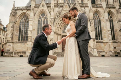 Photographe de mariage professionnel en action devant la Cathédrale Saint-Étienne de Metz lors d'une cérémonie en plein air