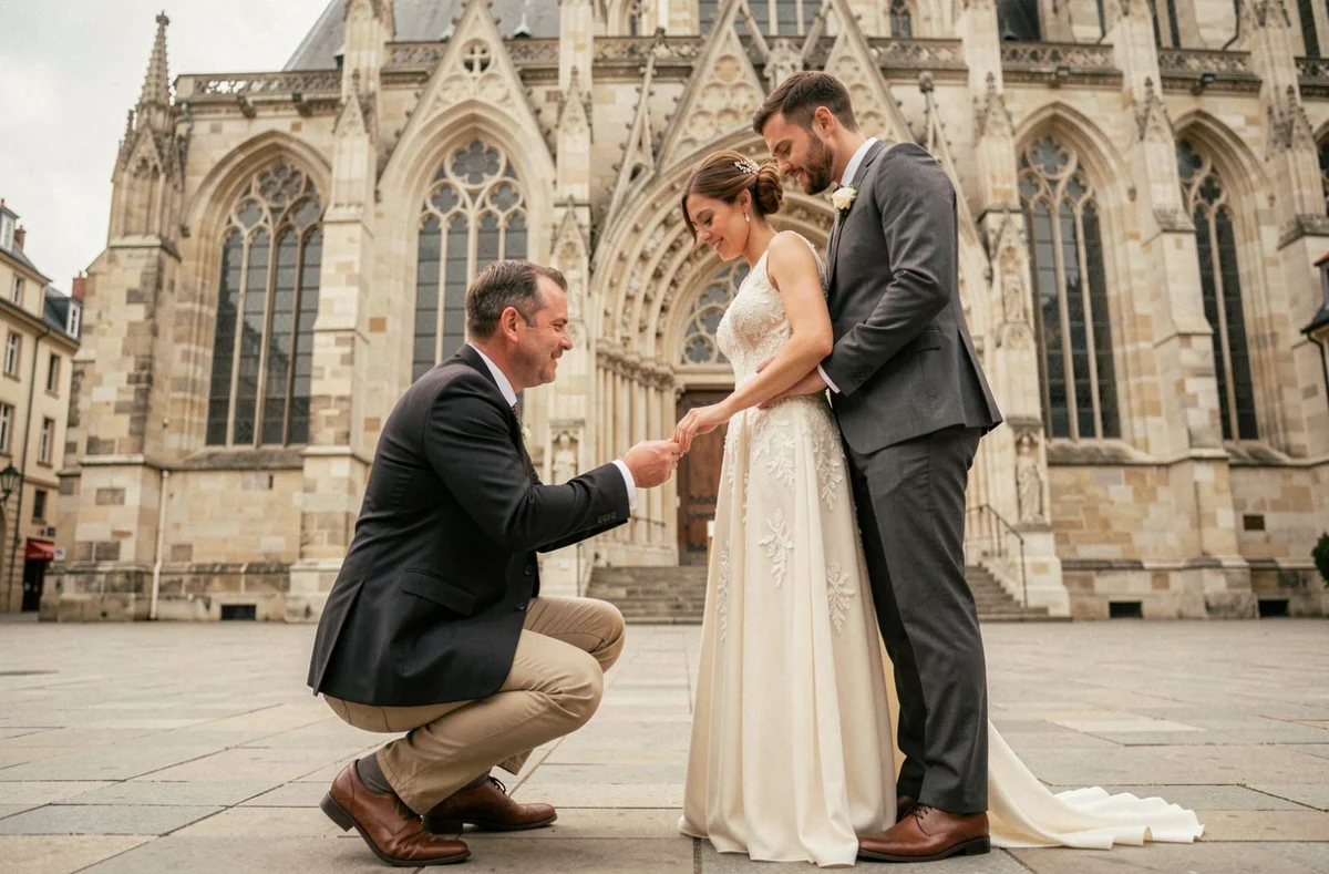 Photographe de mariage professionnel en action devant la Cathédrale Saint-Étienne de Metz lors d'une cérémonie en plein air