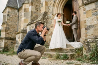 Photographe de mariage professionnel en action devant une église en pierre de l'Aube lors d'une cérémonie