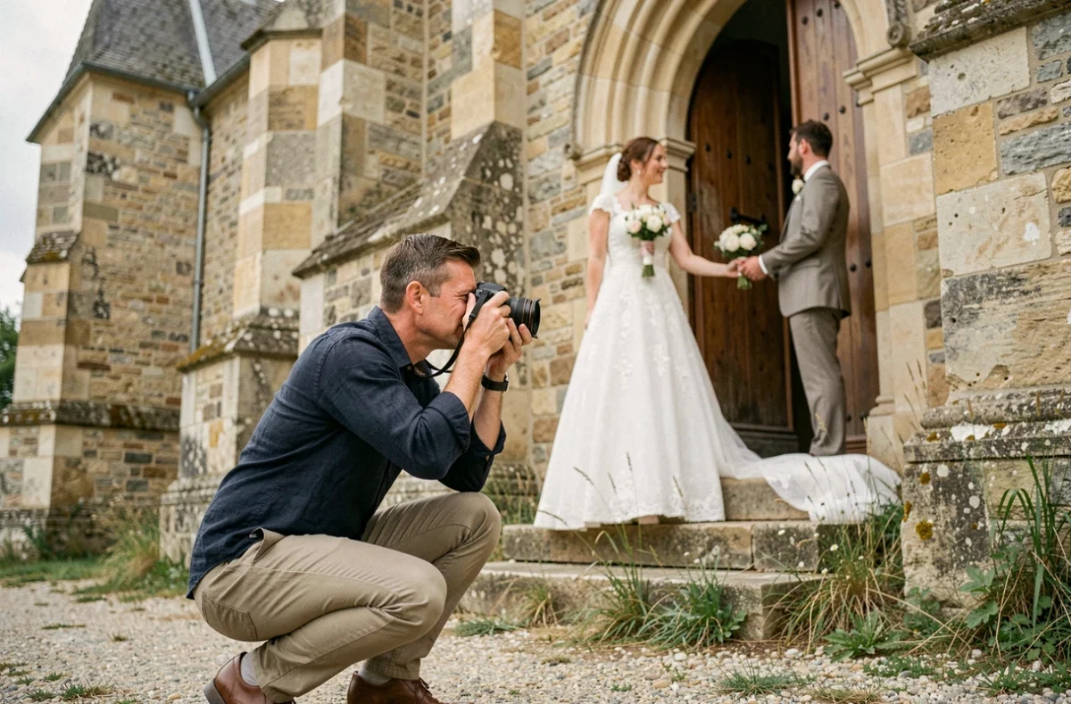 Photographe de mariage professionnel en action devant une église en pierre de l'Aube lors d'une cérémonie