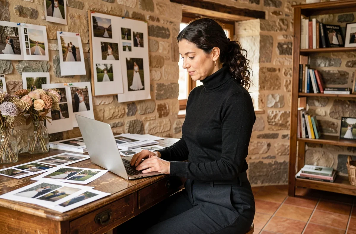 Photographe de mariage féminine consultant un portfolio dans son studio rustique en pierre dans l'Aube