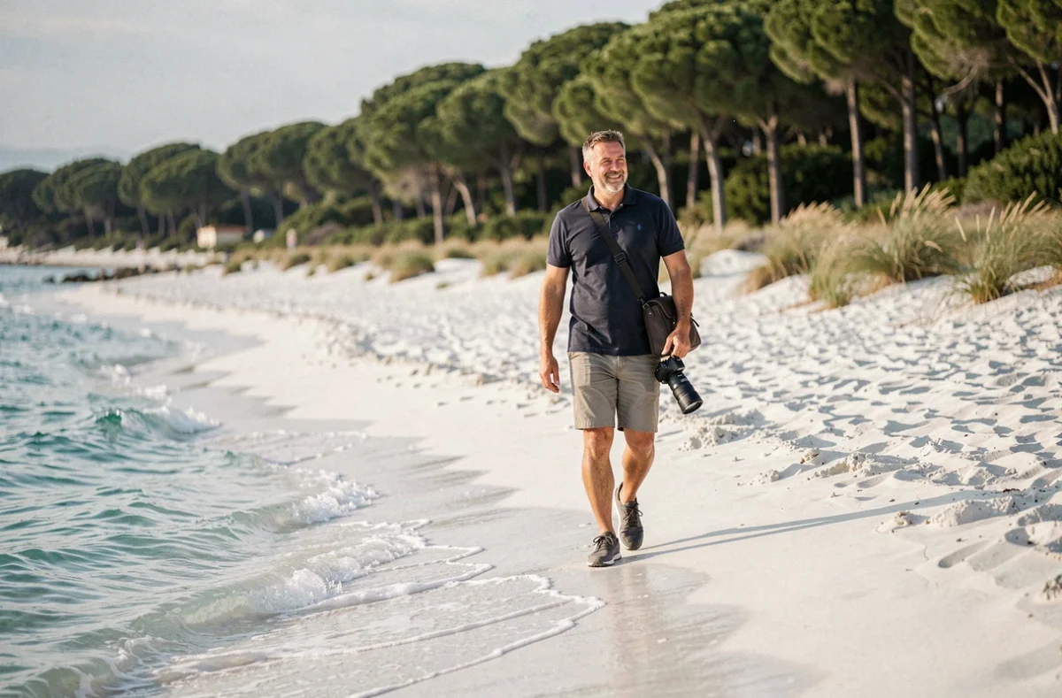 Photographe marchant sur une plage de sable blanc avec de l'eau turquoise à Porto-Vecchio en Corse