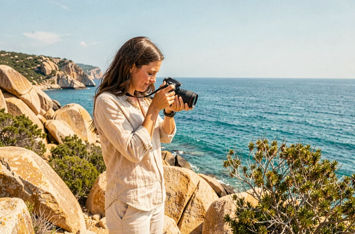 Photographe professionnelle ajustant son appareil photo sur les falaises rocheuses près de Porto-Vecchio en Corse