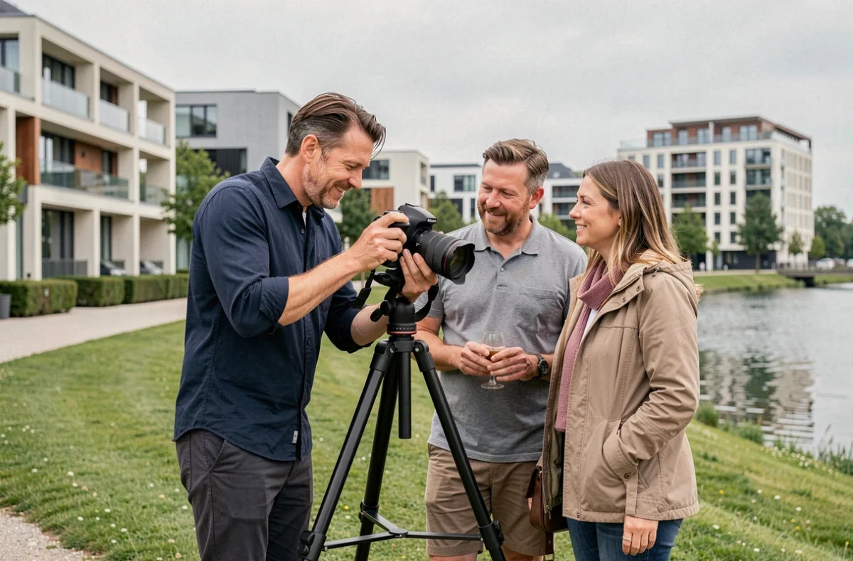Photographe professionnel discutant du budget photo avec un couple de clients dans un parc urbain à Cergy