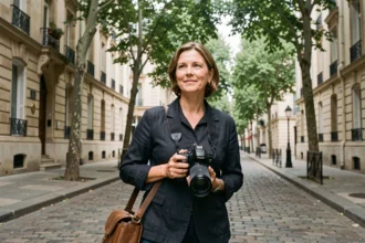 Photographe professionnelle dans les rues de Cormeilles-en-Parisis tenant un appareil photo reflex