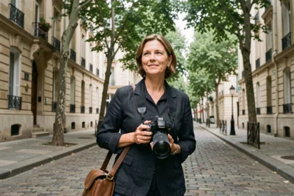 Photographe professionnelle dans les rues de Cormeilles-en-Parisis tenant un appareil photo reflex