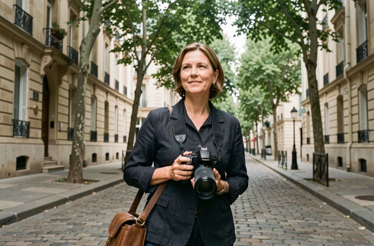 Photographe professionnelle dans les rues de Cormeilles-en-Parisis tenant un appareil photo reflex