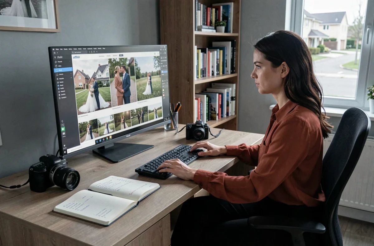 Photographe en train de retoucher des photos de mariage et de noter ses tarifs dans son bureau à domicile à Cergy