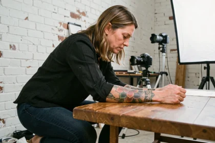 Photographe spécialisée en tatouage prenant en photo un avant-bras tatoué dans un studio professionnel