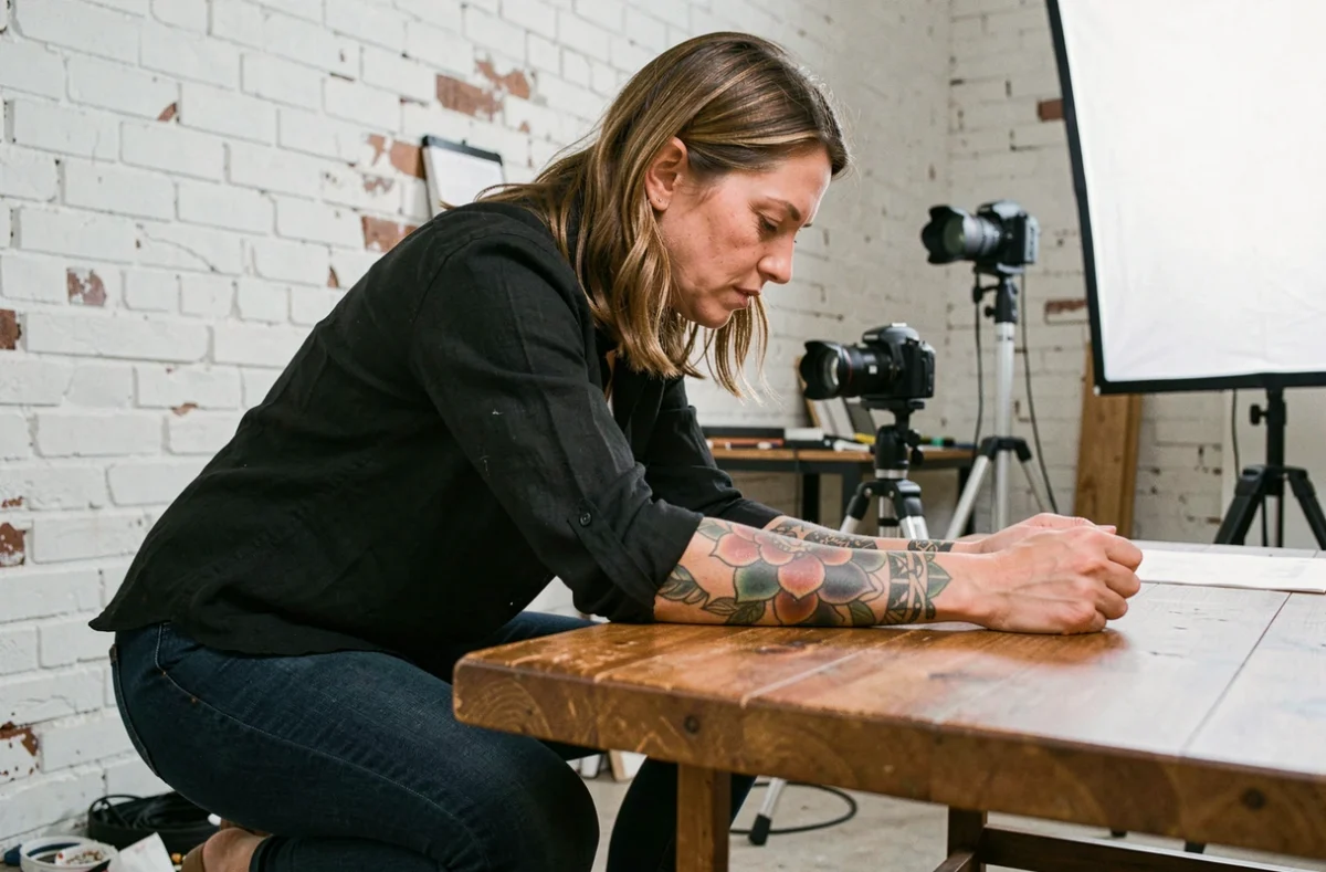 Photographe spécialisée en tatouage prenant en photo un avant-bras tatoué dans un studio professionnel