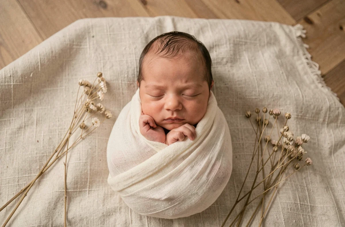 Nouveau-né endormi enveloppé dans un lange ivoire lors d'un photoshoot naissance en studio minimaliste