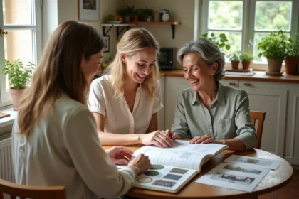 Trois femmes de générations différentes planifient ensemble un mariage autour d'une table, en consultant un carnet de notes et des échantillons de tissus dans une cuisine chaleureuse
