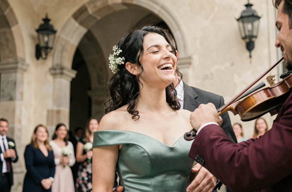 Portrait émouvant d'une mariée aux cheveux bouclés savourant la musique d'un violoniste lors de sa sortie de mairie