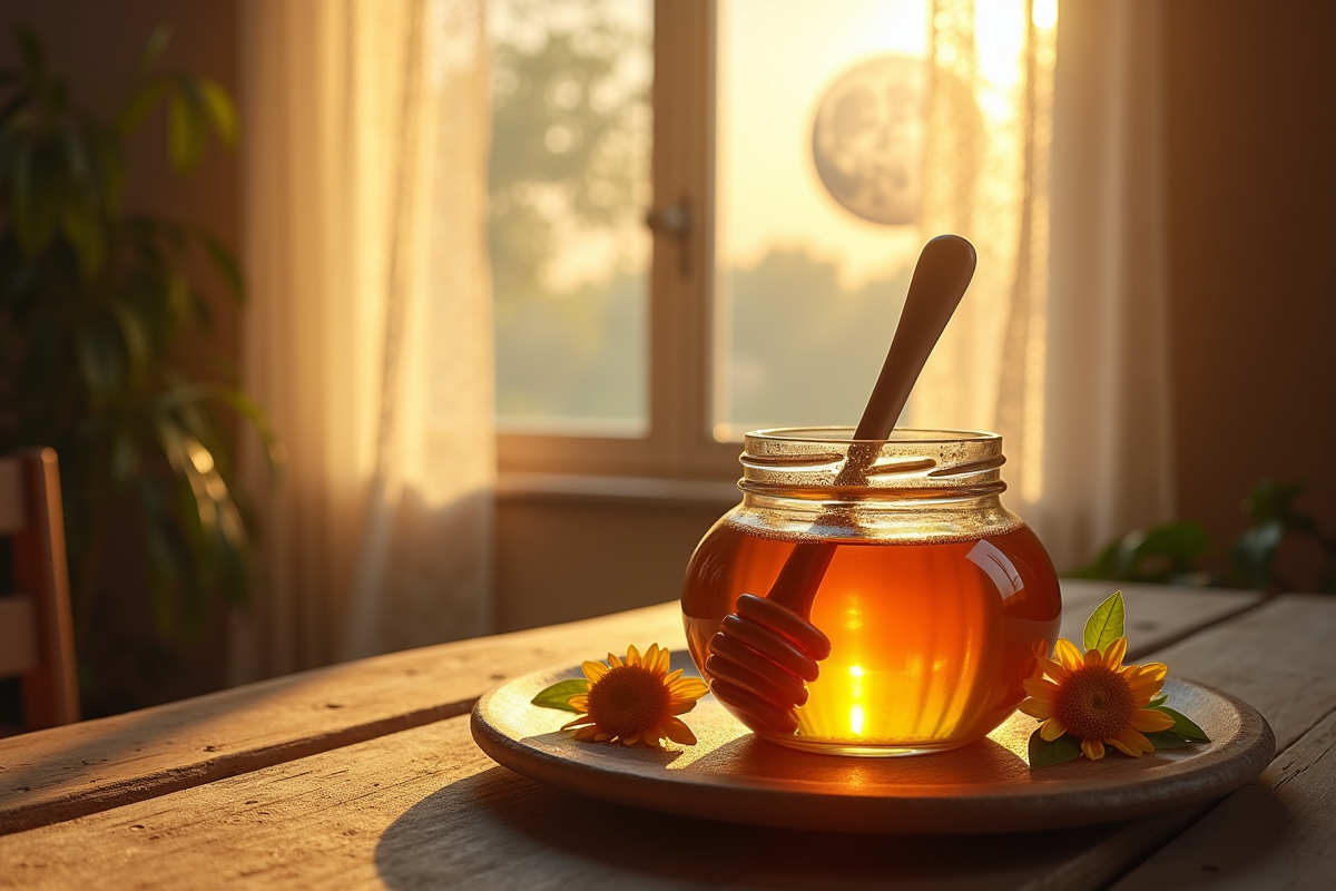 Pot de miel doré sur une table en bois avec lumière douce