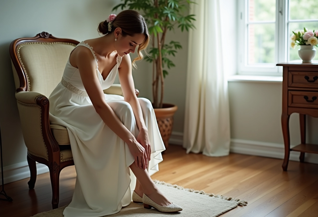 Jeune femme ajustant ses chaussures dans une pièce élégante
