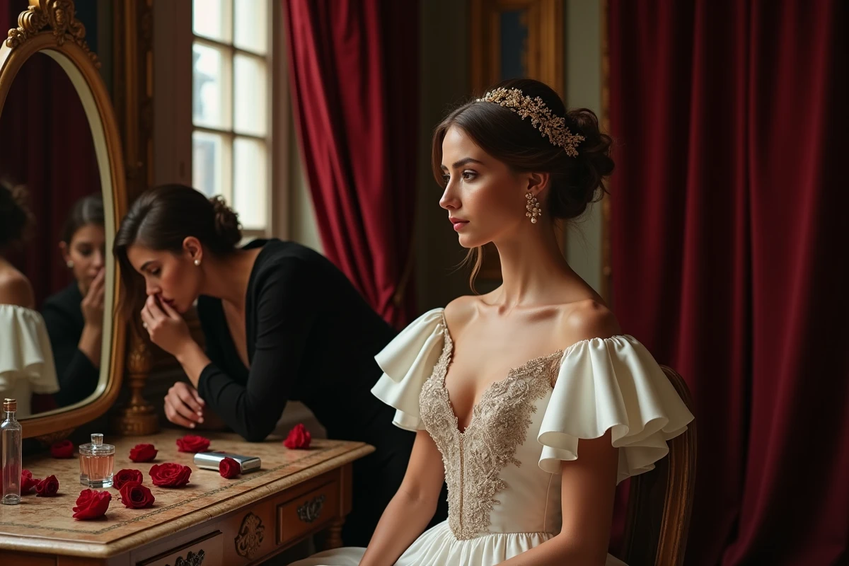 Mariée gitane chic se préparant devant un miroir vintage avec robe en satin et dentelle florale noire