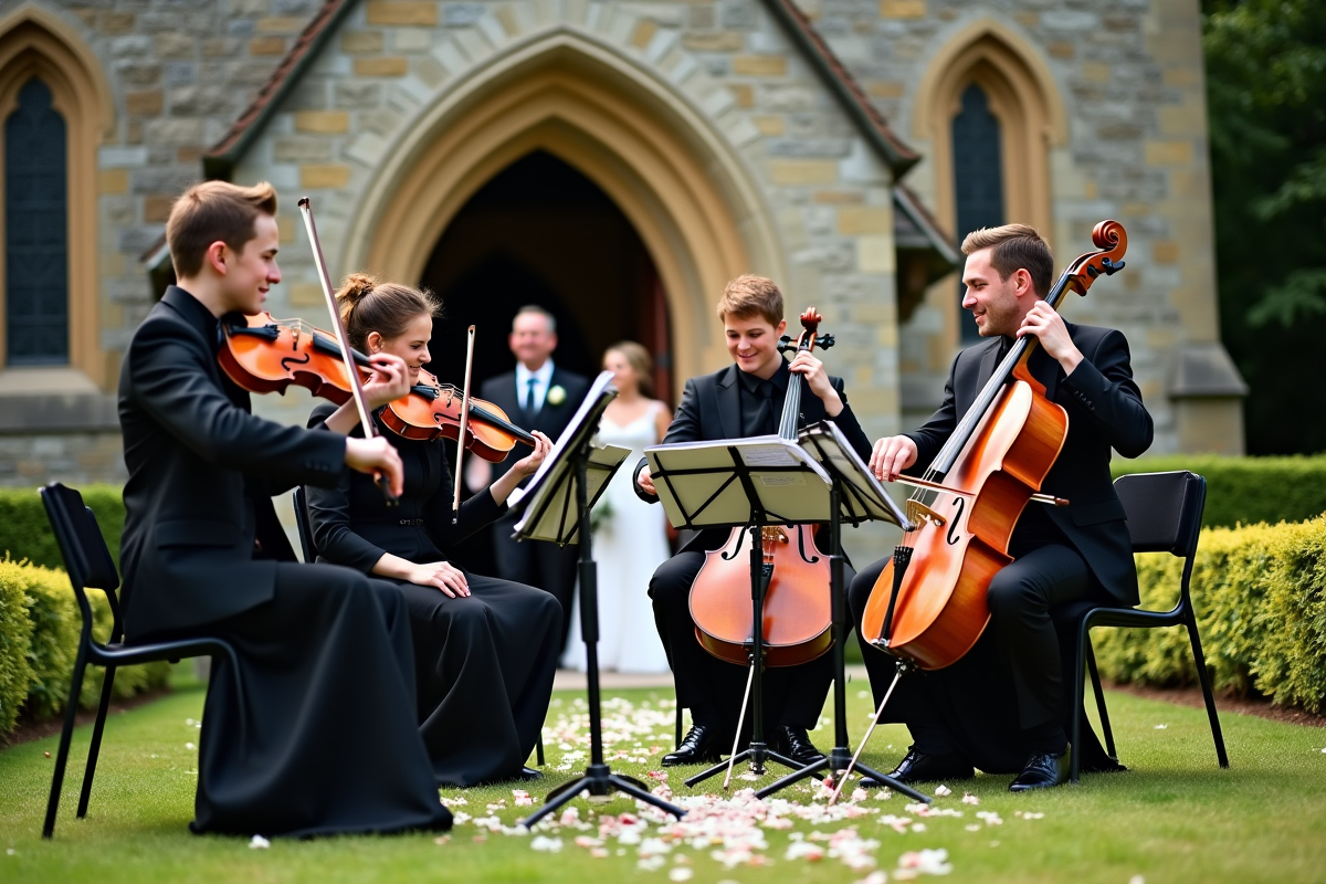 Quatuor à cordes jouant devant l