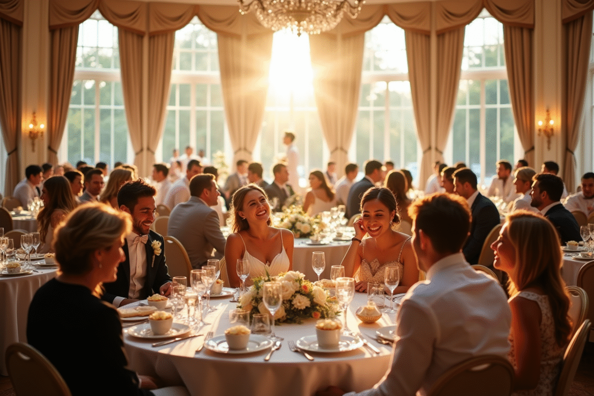 Réception de mariage élégante avec invités souriants