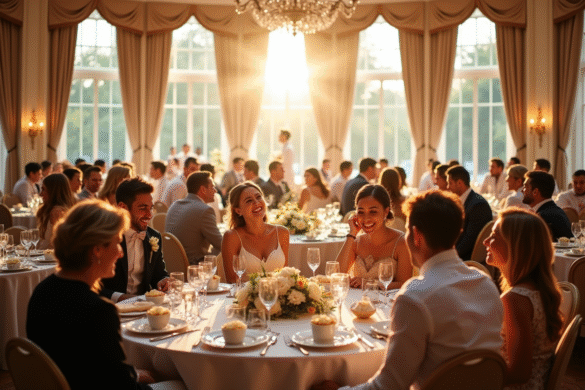 Réception de mariage élégante avec invités souriants