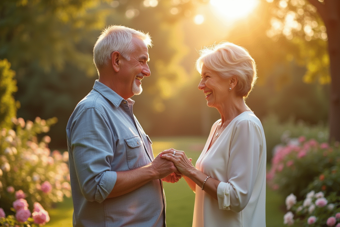 Couple mature échangeant des alliances dans un jardin ensoleille