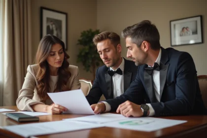 Adultes discutant de factures de mariage à table élégante