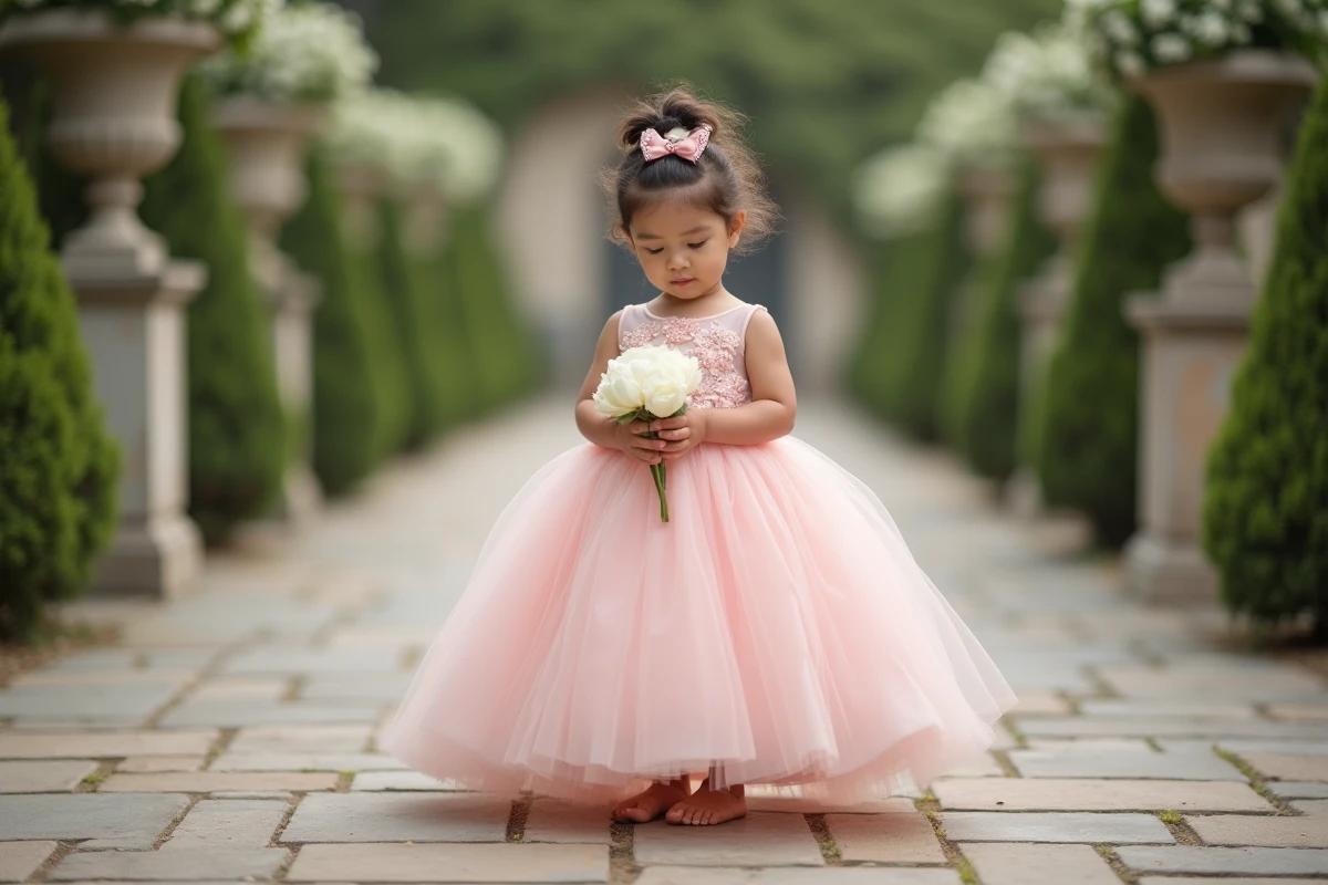 Petite fille en robe de bal rose poudré pour mariage debout sur une terrasse de jardin en pierre avec des pivoines blanches