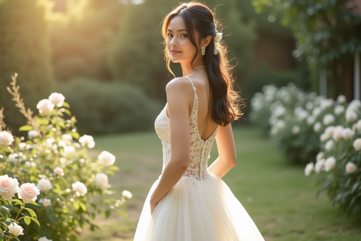 Mariée en robe blanche élégante et abordable avec dentelle dans un jardin fleuri