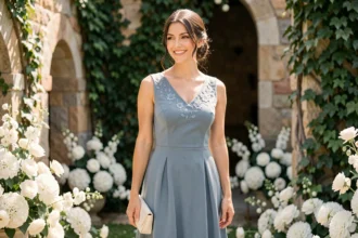 Femme en robe bleu midi élégante dans un jardin de mariage fleuri, tenue invitée de mariage bleu