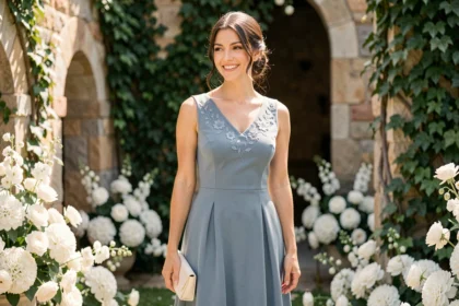 Femme en robe bleu midi élégante dans un jardin de mariage fleuri, tenue invitée de mariage bleu