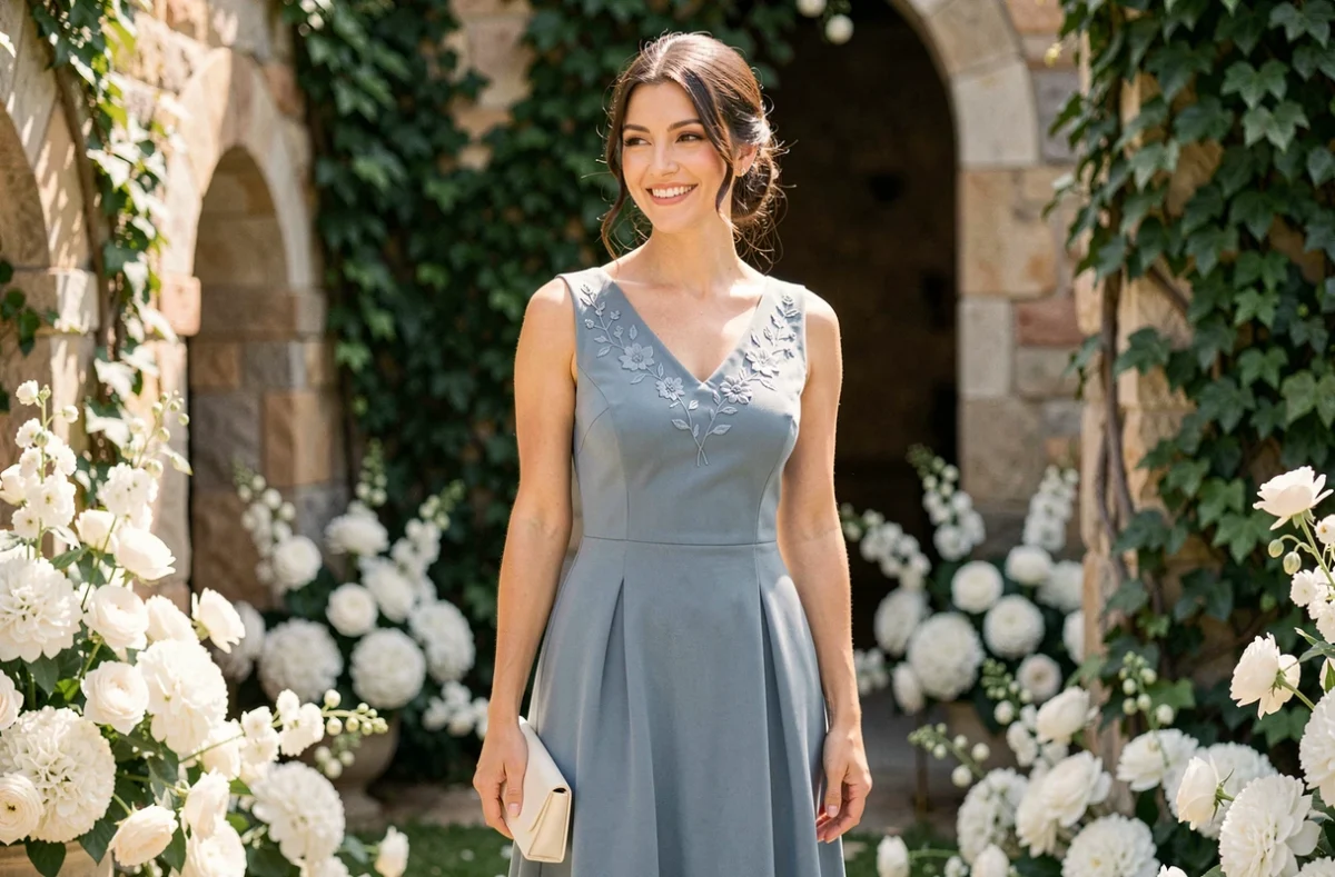 Femme en robe bleu midi élégante dans un jardin de mariage fleuri, tenue invitée de mariage bleu