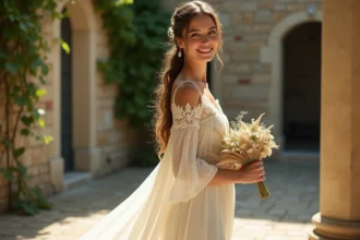 Femme en robe bohème ivoire avec dentelle pour un mariage civil, posant dans une cour en pierre fleurie