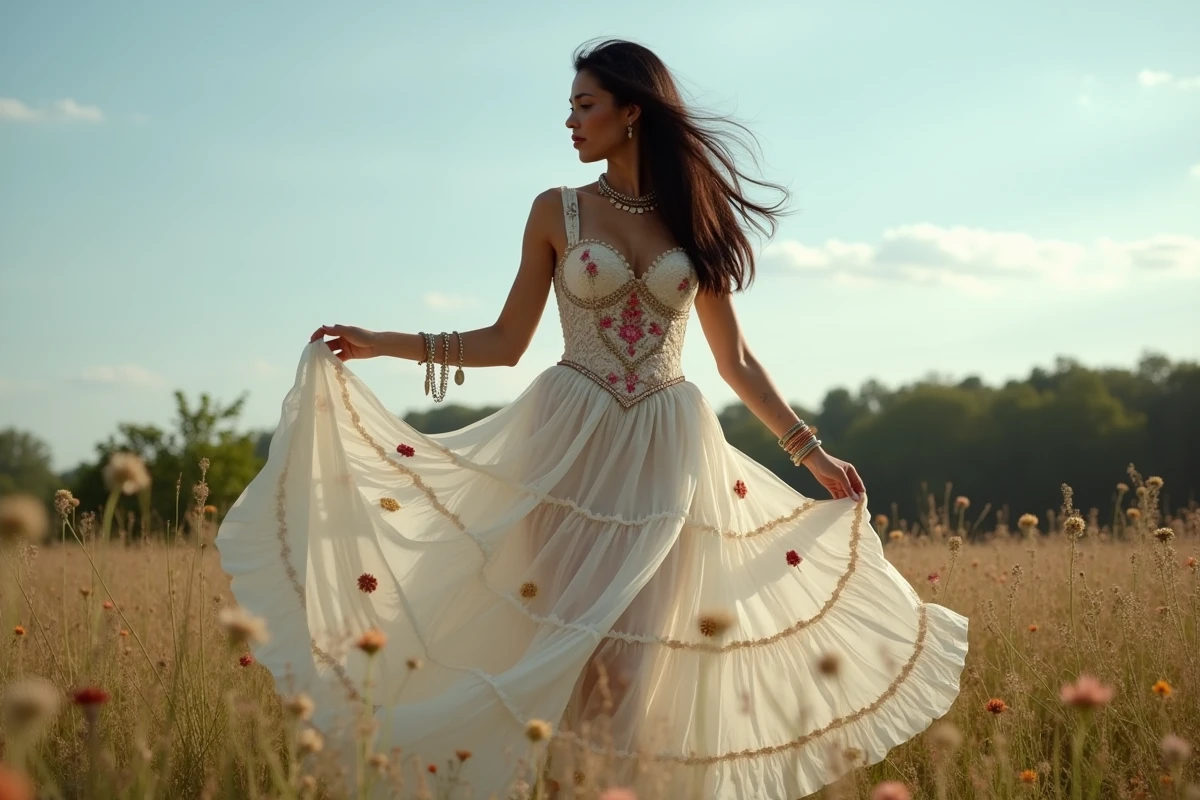 Mariée en robe gitane bohème à jupons superposés et accessoires dorés dans un champ de fleurs sauvages