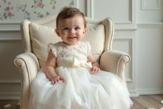 Robe de mariage blanche en dentelle pour bébé fille assise sur un fauteuil vintage crème