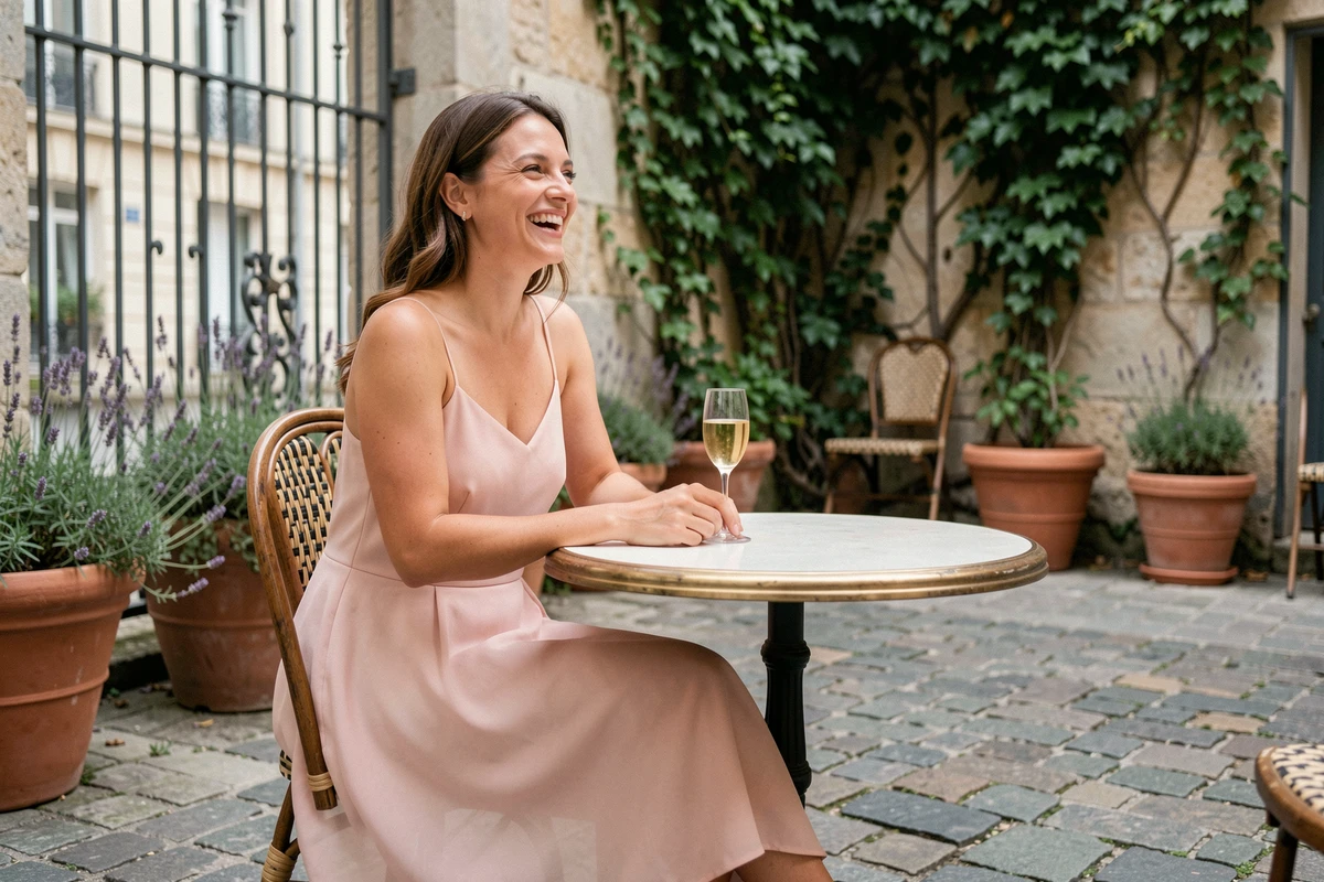 Femme en robe chiffon rose blush de mariée civile assise dans une cour parisienne avec un verre de champagne