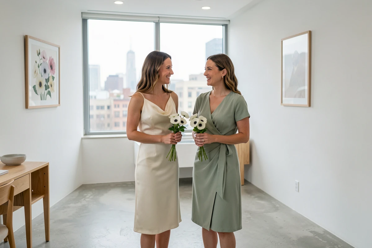 Deux femmes en robes de mariage civil crème et vert sauge tenant des fleurs blanches dans une salle de mairie moderne