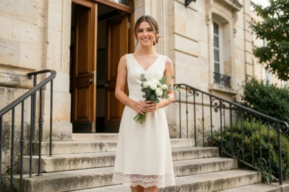 Jeune femme en robe de mariage civil ivoire simple et élégante devant une mairie en pierre, tenant un bouquet de fleurs blanches