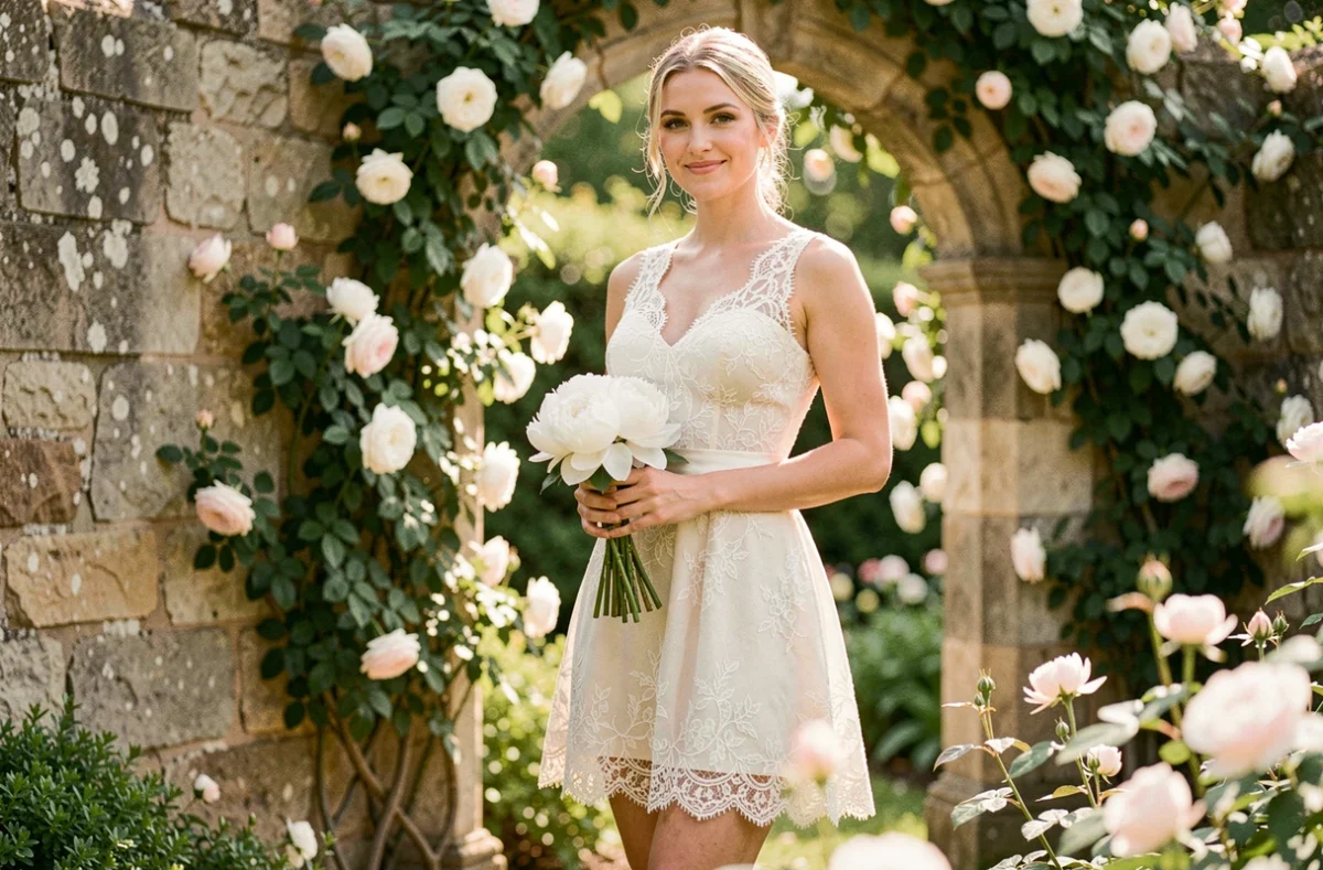 Femme portant une robe de mariée courte en dentelle ivoire dans un jardin fleuri avec bouquet de pivoines blanches