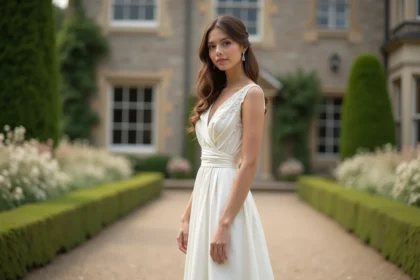 Jeune femme en robe de mariage élégante dans un jardin