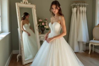 Femme en robe de mariée élégante dans une boutique vintage