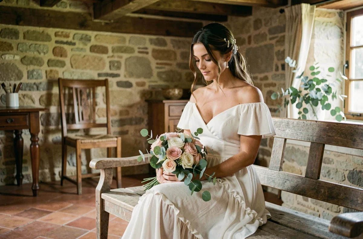 Mariée bohème en robe champêtre assise dans une ferme en pierre de la région nantaise le jour de son mariage