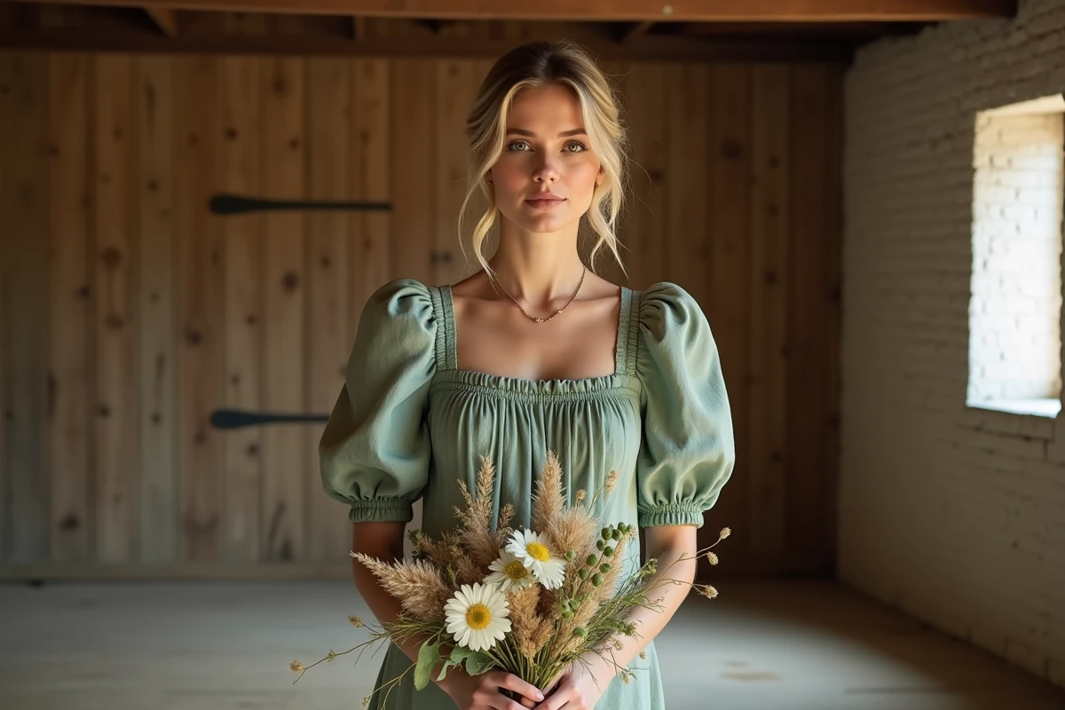 Mariée bohème en robe lin vert sauge tenant un bouquet séché dans une grange rustique