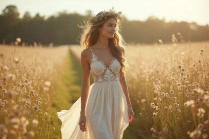 Femme portant une robe de mariée bohème en dentelle ivoire dans un champ de fleurs sauvages, style champêtre et naturel