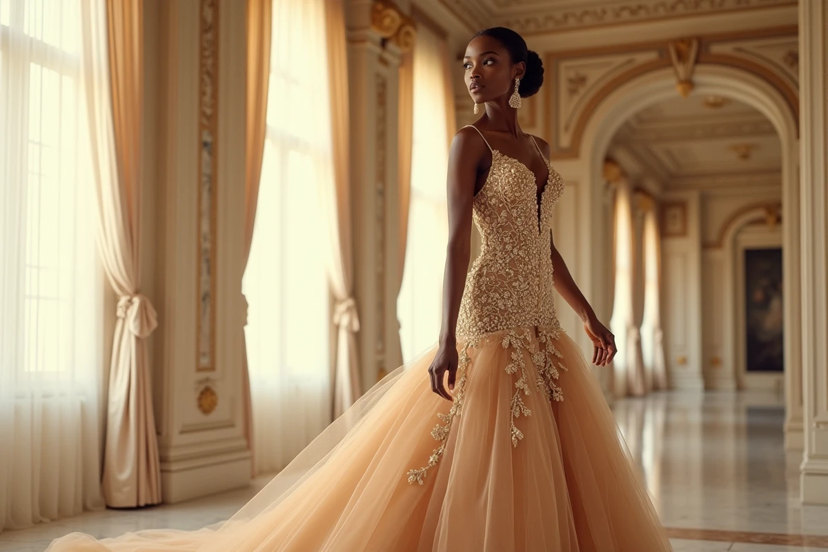 Mariée à peau foncée en robe de mariée champagne dorée dans un grand salon colonial aux fenêtres en arc