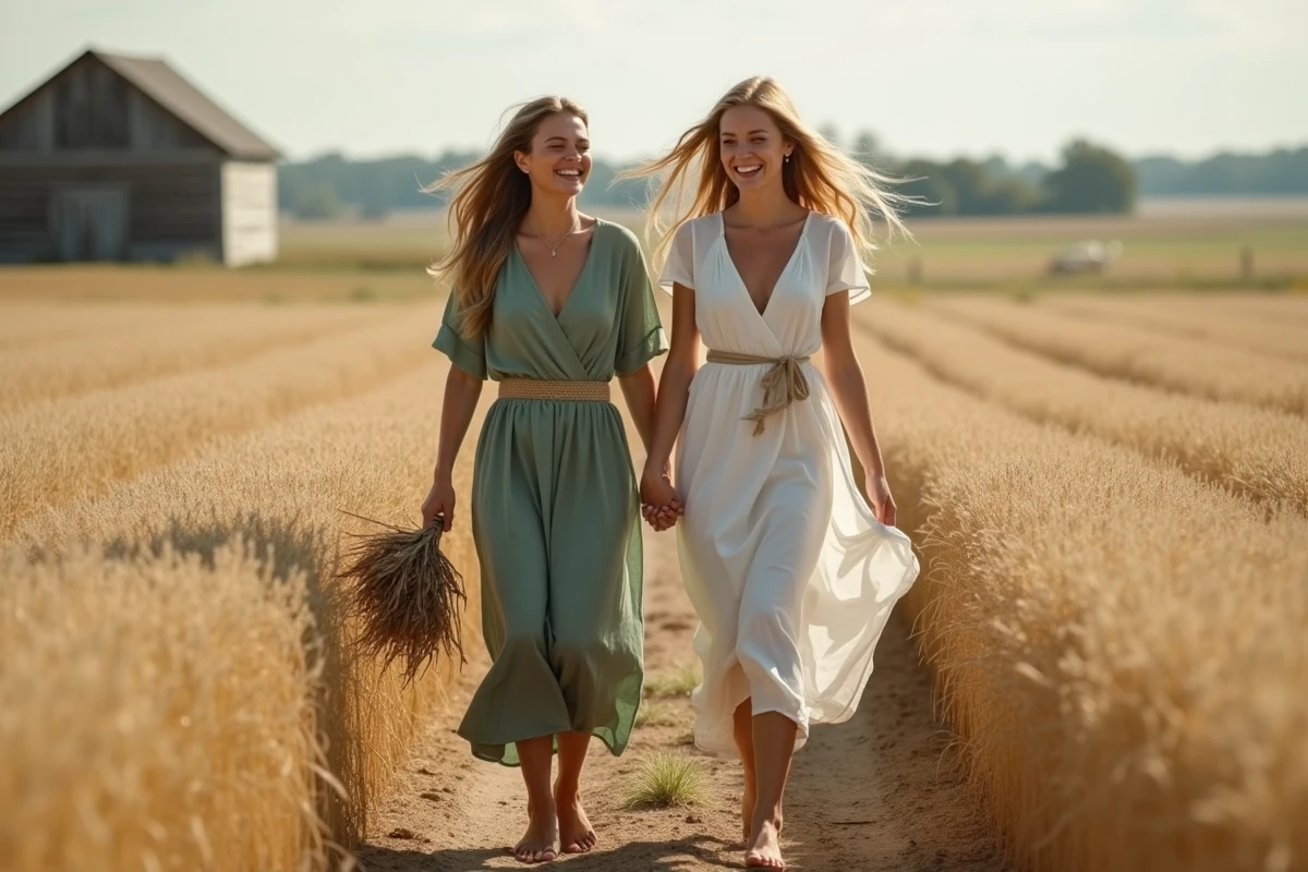Mariée en robe champêtre lin avec ceinture raphia et demoiselle d'honneur marchant dans un champ de blé doré