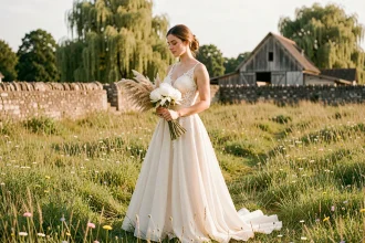 Mariée en robe de dentelle ivoire dans un champ de fleurs sauvages en bord de Loire pour un mariage champêtre