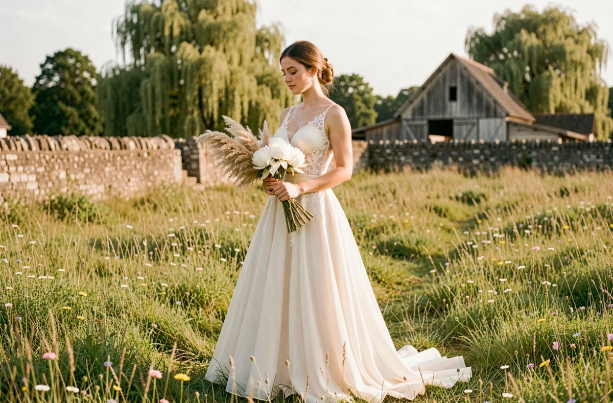 Mariée en robe de dentelle ivoire dans un champ de fleurs sauvages en bord de Loire pour un mariage champêtre