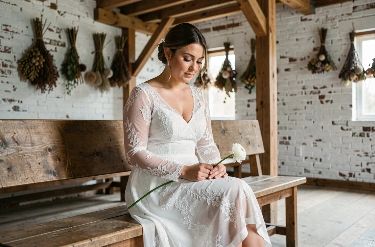 Mariée en robe courte en dentelle à manches longues assise sur un banc en bois dans une grange rénovée