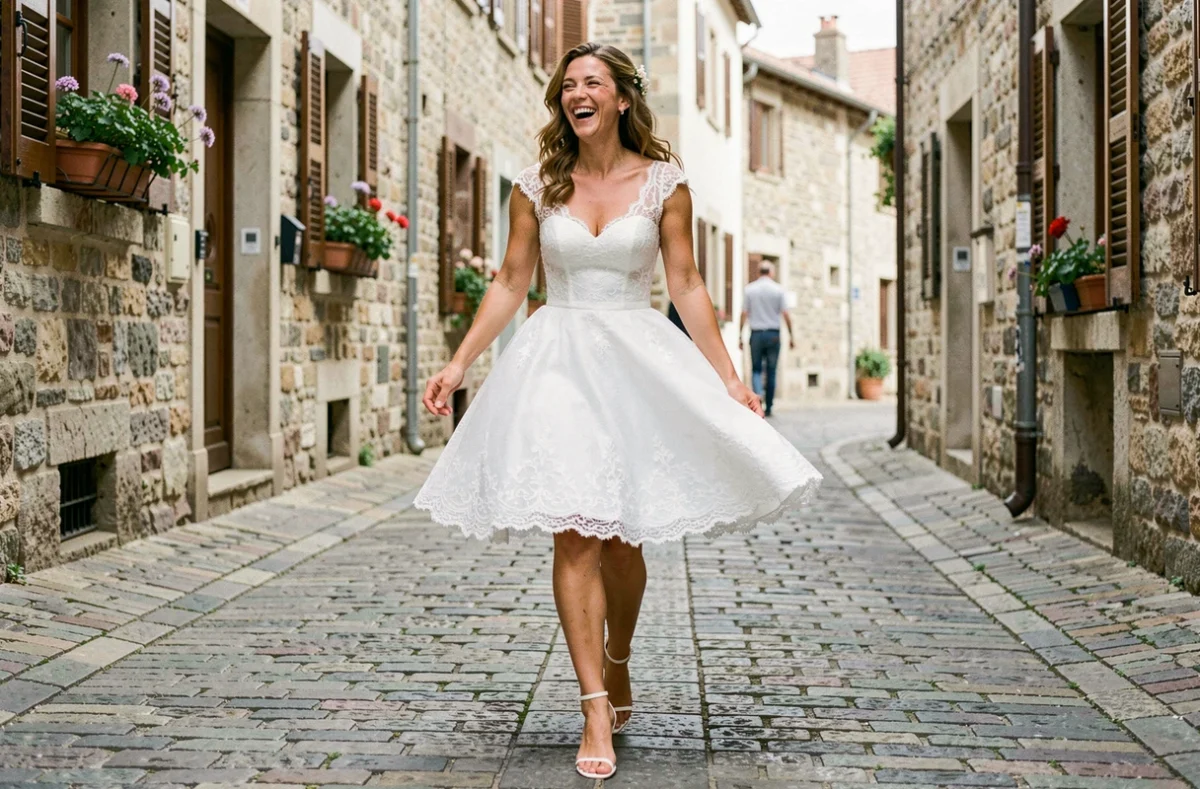 Mariée en robe courte en dentelle brodée marchant sur les pavés d'un village européen avec un sourire naturel